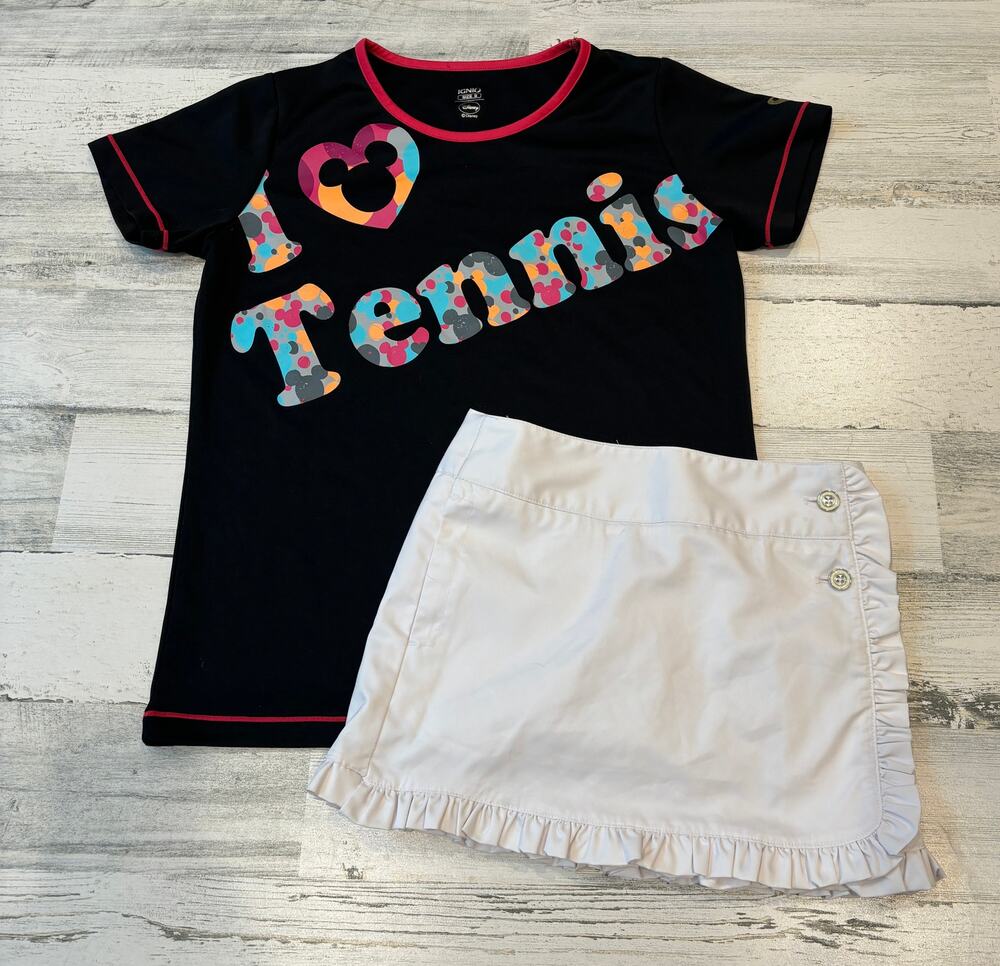 I Love Tennis Mickey mouse Tee and Izod White Skort sz S EUC
